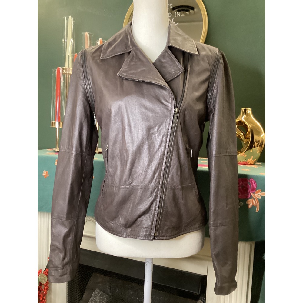 Mythology Brown Leather Moto Jacket Convertible Zip Off Sleeve Vest Womens Small